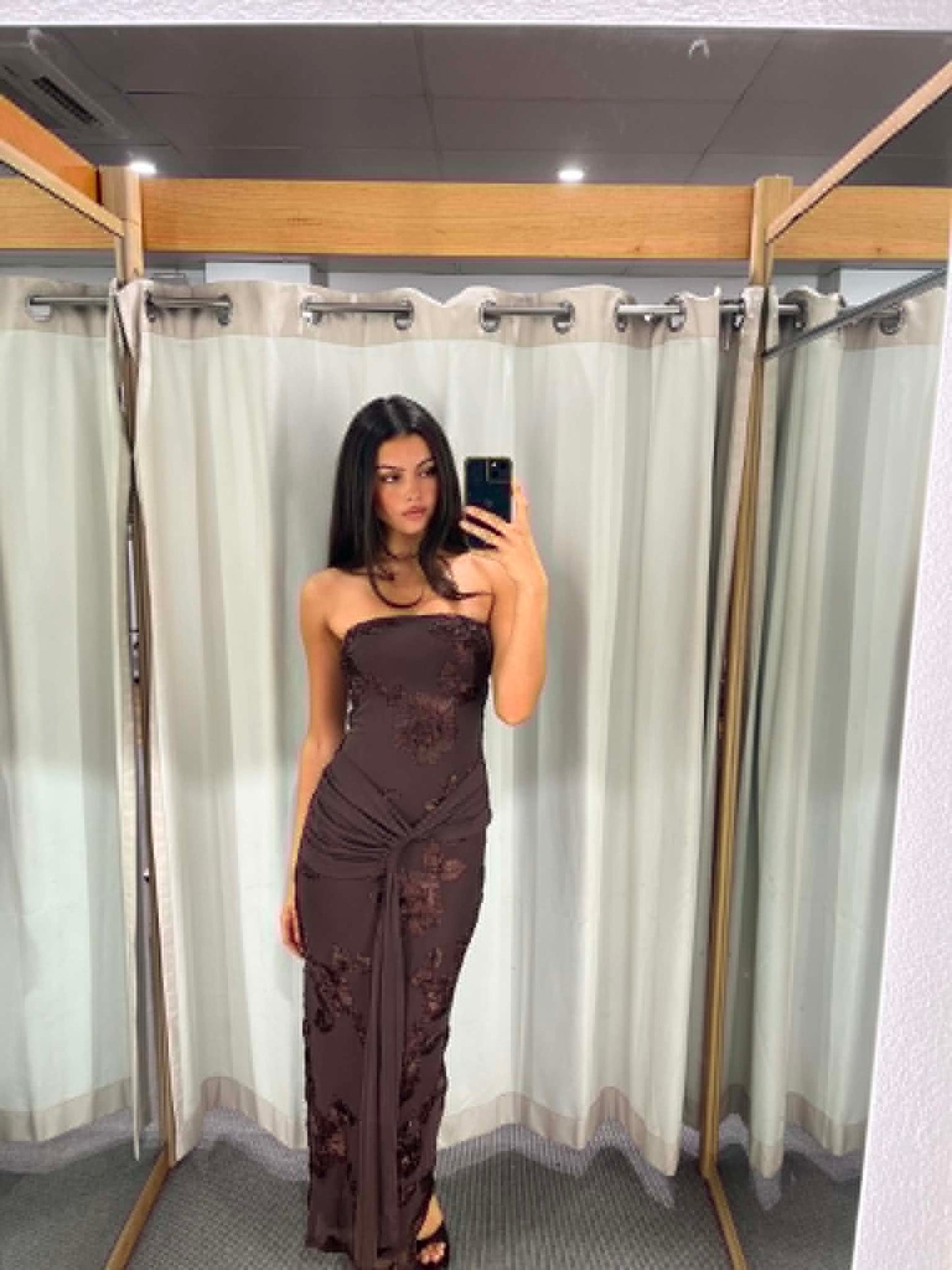 Chocolate Lace Strapless Midi Dress