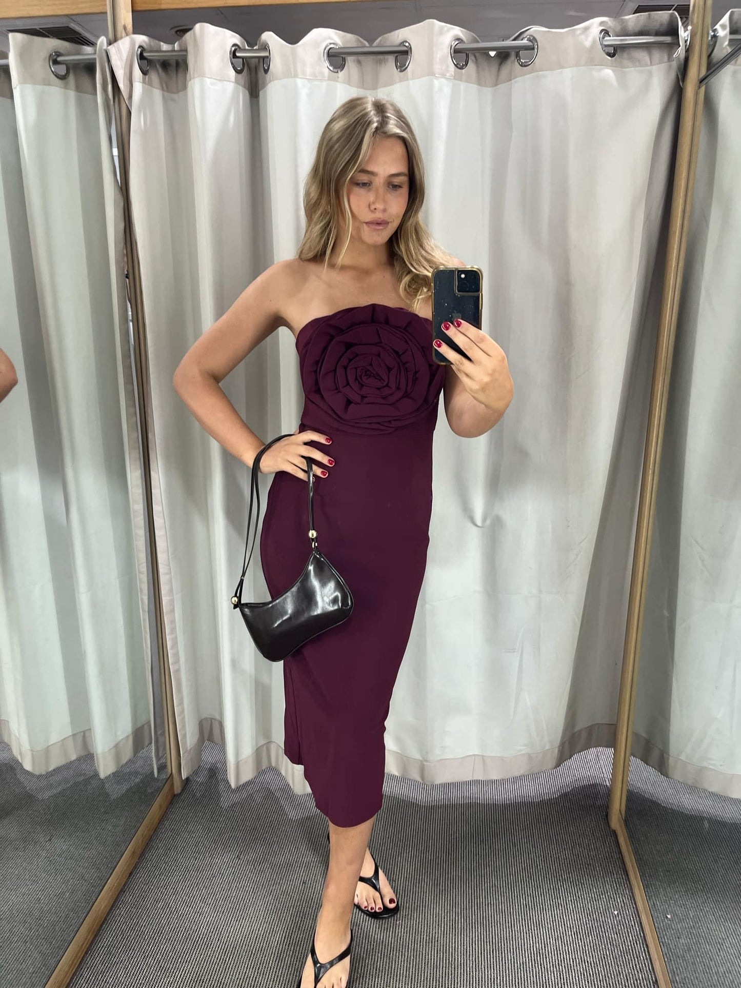 Theresa Strapless Midi Dress in Burgundy