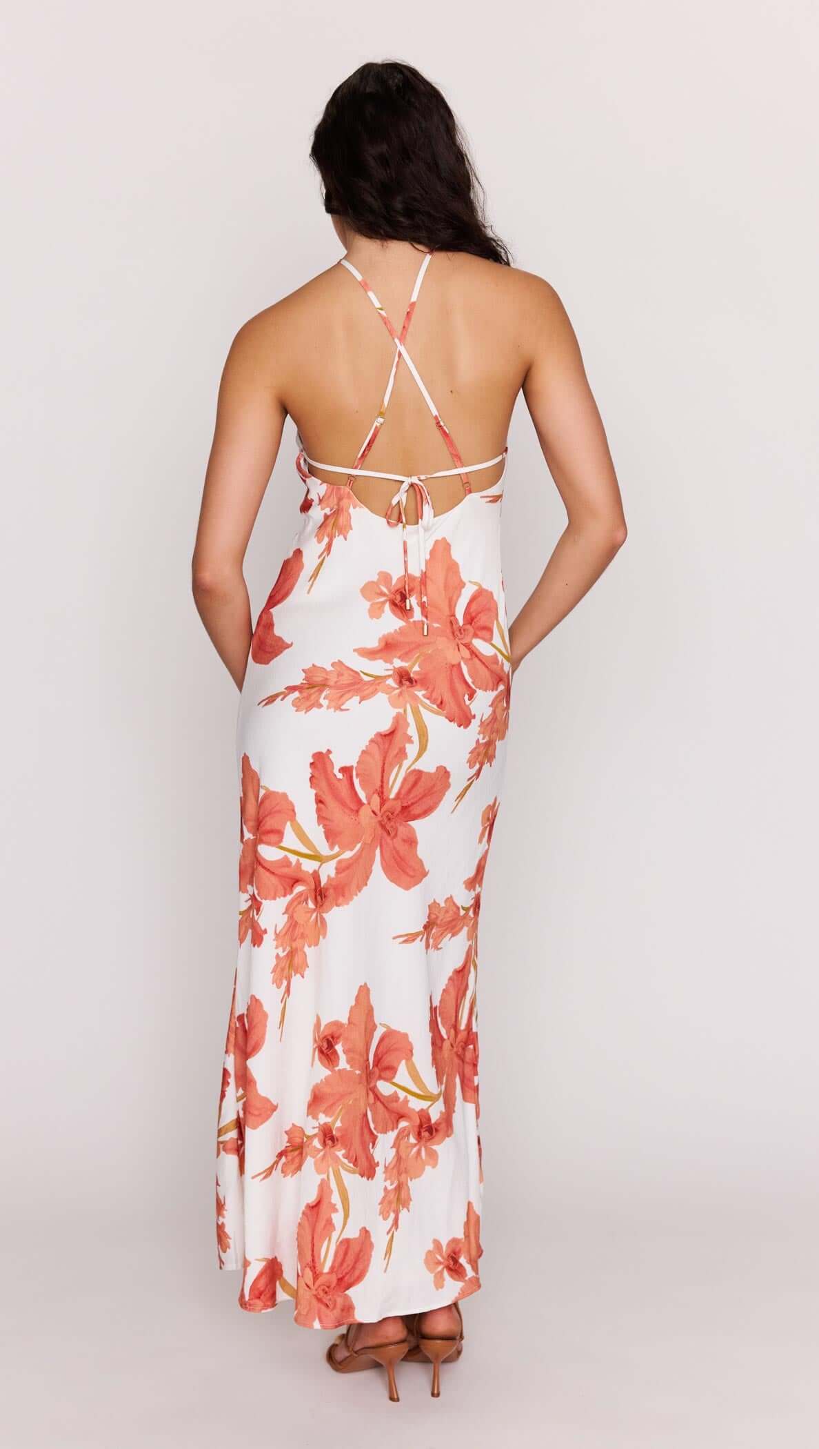 Peach Hibiscus Halter Midi Dress isla Halter Maxi Dress