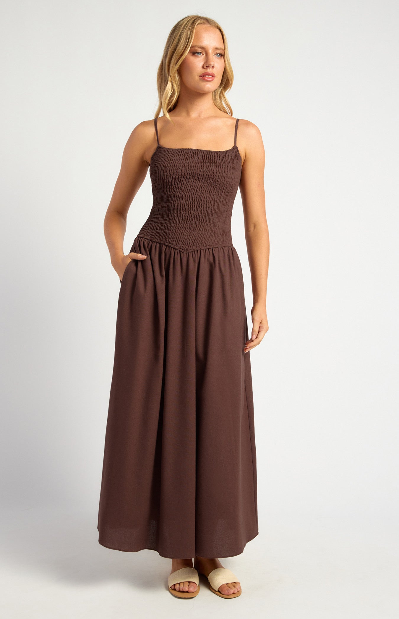 Cotton Linen Shirred Bodice V Waist Midi Dress