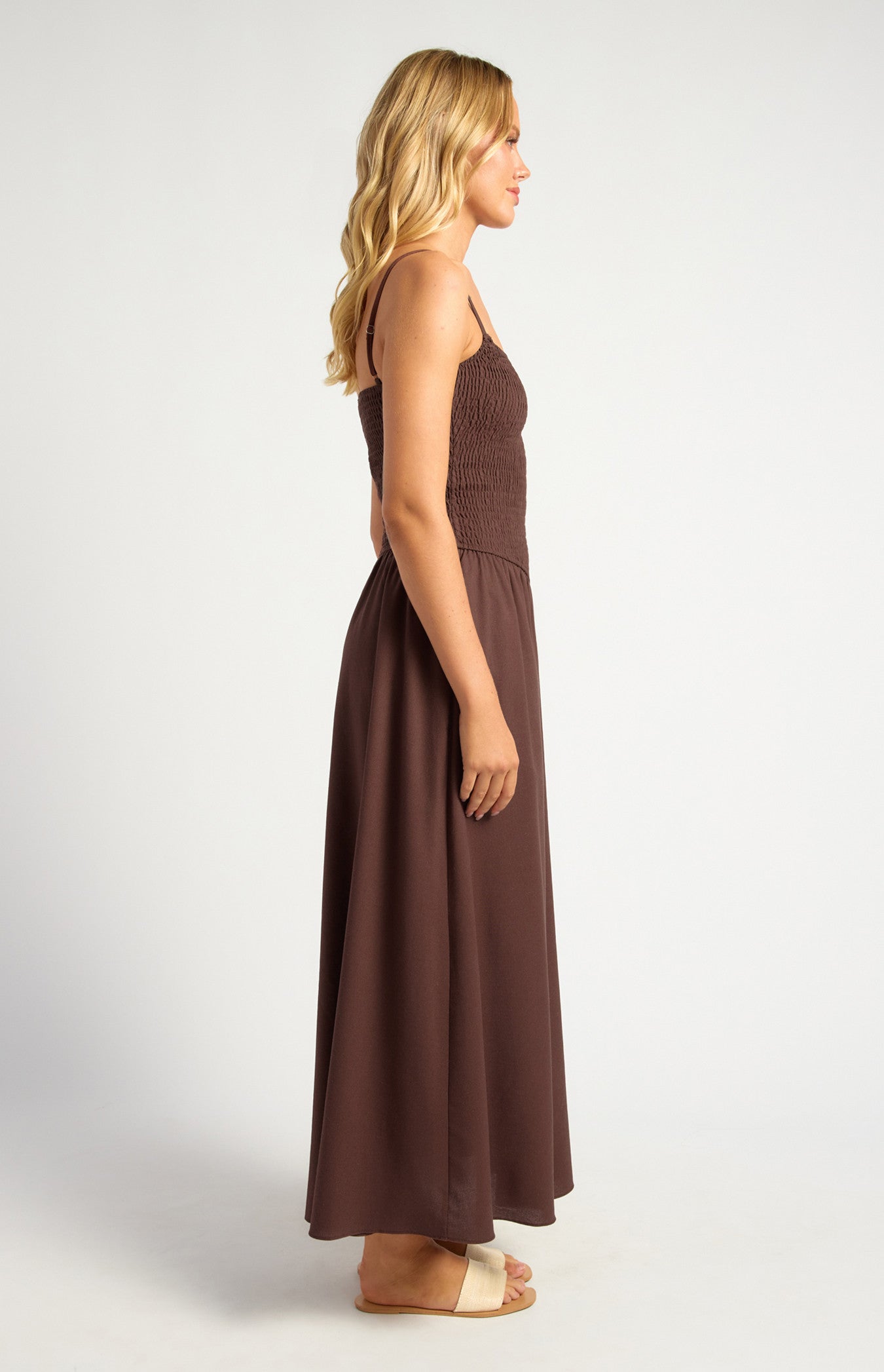 Cotton Linen Shirred Bodice V Waist Midi Dress