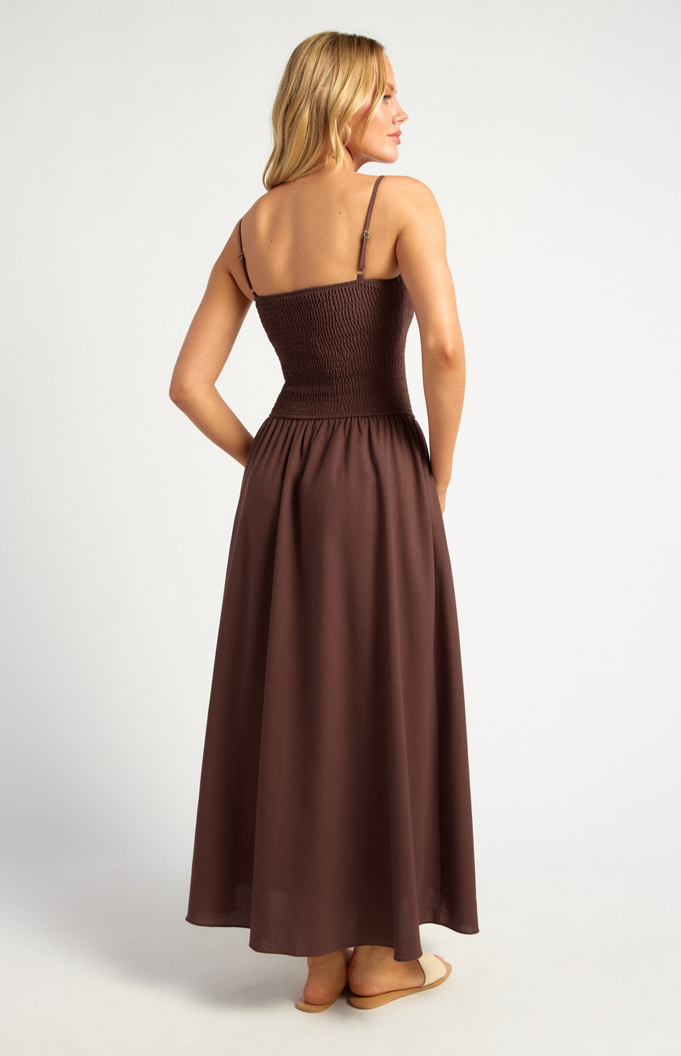 Cotton Linen Shirred Bodice V Waist Midi Dress