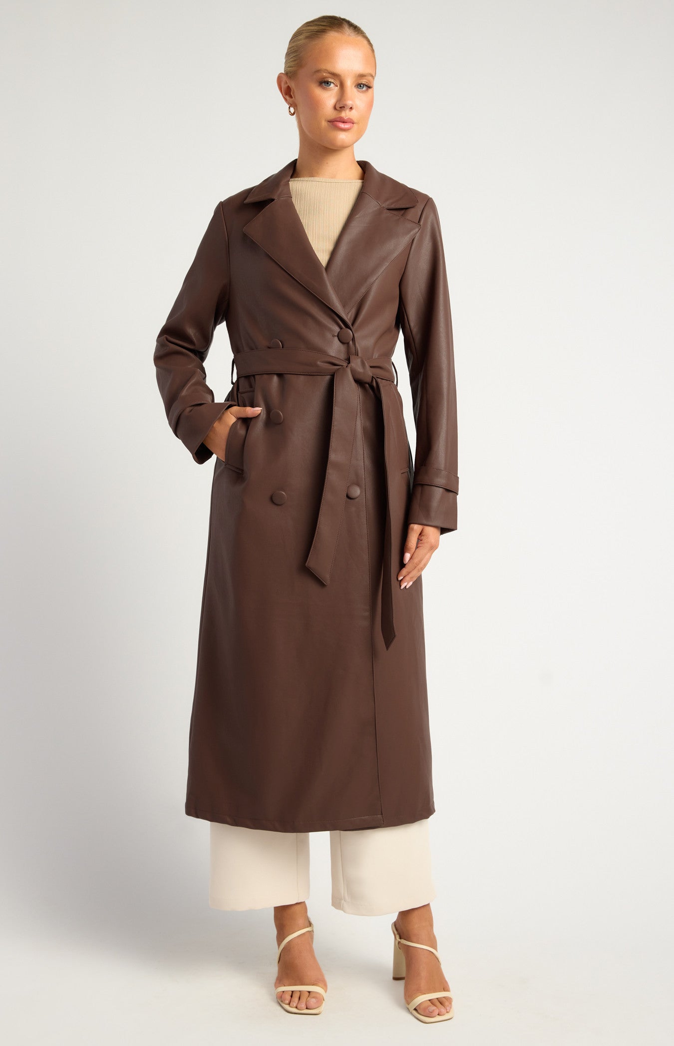 Faux Leather Double Breasted Longline Trench Coat