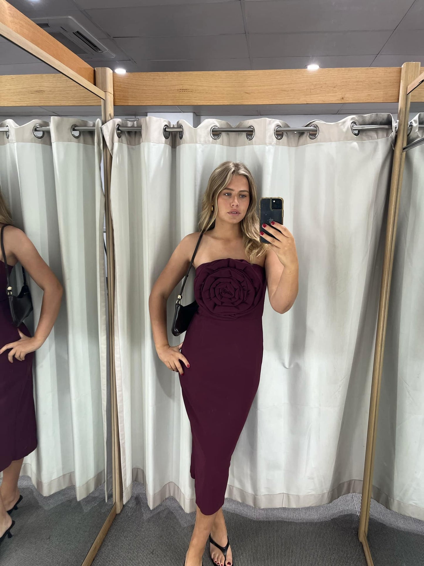 Theresa Strapless Midi Dress in Burgundy
