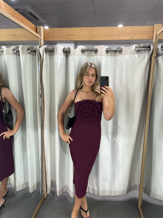 Theresa Strapless Midi Dress in Burgundy