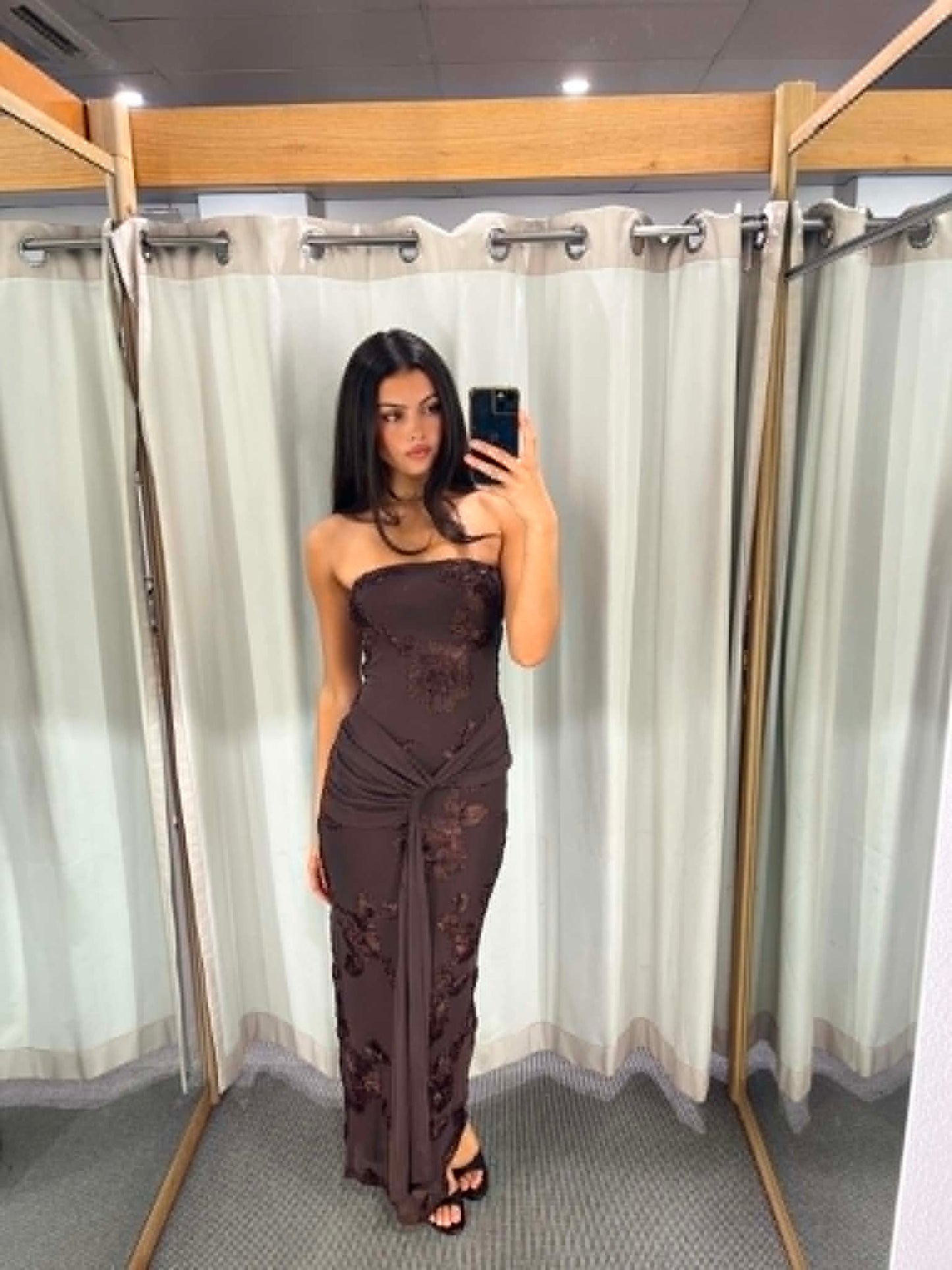Chocolate Lace Strapless Midi Dress