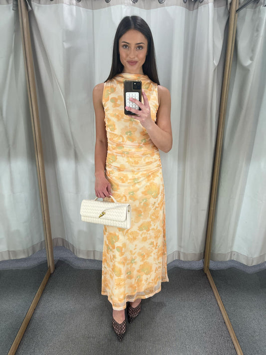 Yellow Floral Mesh Midi Dress Clair Mesh Dress