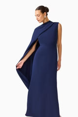 Leonara Asymmetric Cape Maxi Dress in Deep Navy