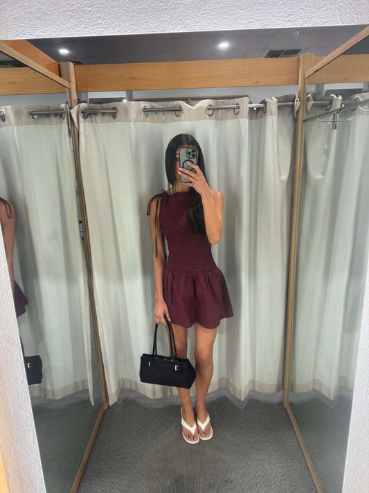 Cotton Shirred Mini Dress in Burgundy