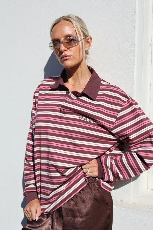 PRE ORDER Bobbie Relaxed Rugby Shirt - Burgandy / Pink / Cream Stripe
