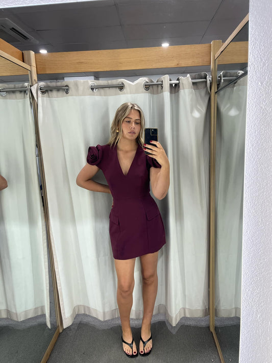 Theresa V-Neck Mini Dress in Burgundy