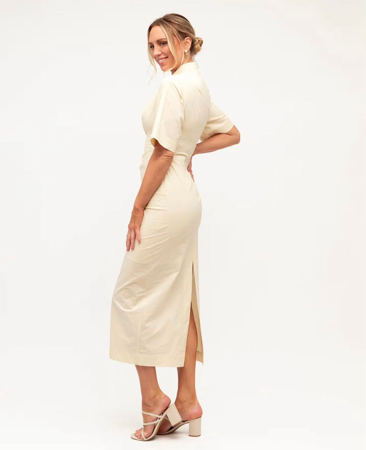 Elodie Ruched Midi Dress in Butter – back