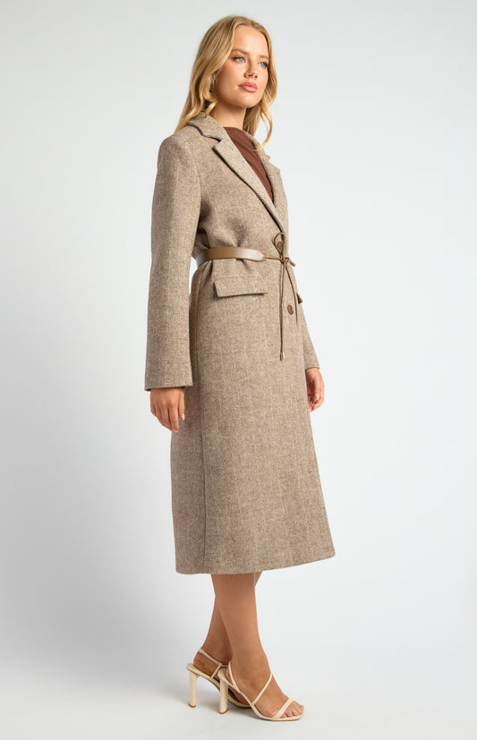Faux Wool Single Breasted Herringbone Coat with Belt Accessory