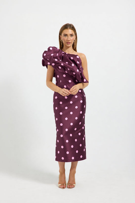 Dottie Asymmetric Midi – Cherry/Pink