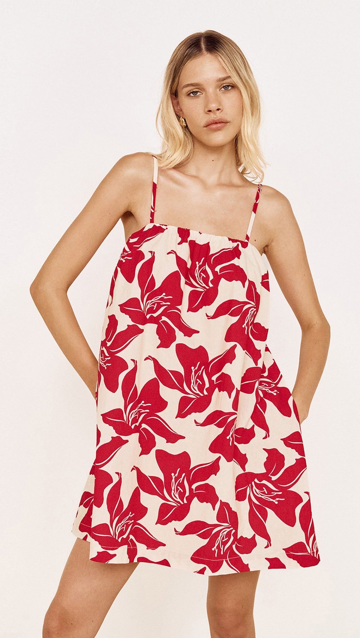 MINKPINK Cotton A-Line Mini Dress in Red Floral