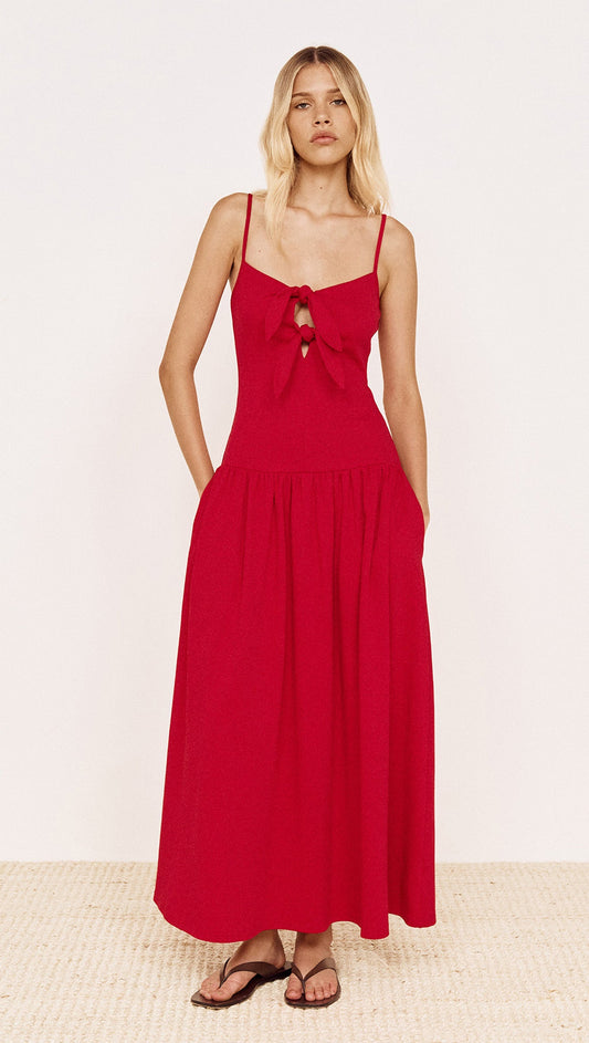 MINKPINK Cotton Jersey Tie Front Midi Dress in Red