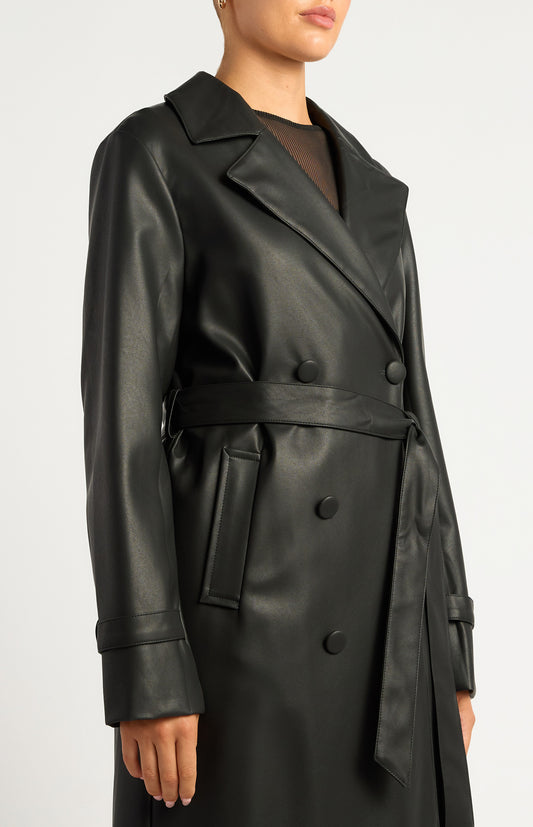 Black Faux Leather Double Breasted Longline Trench Coat