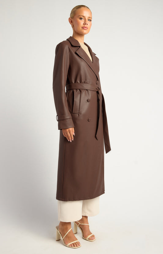Faux Leather Double Breasted Longline Trench Coat